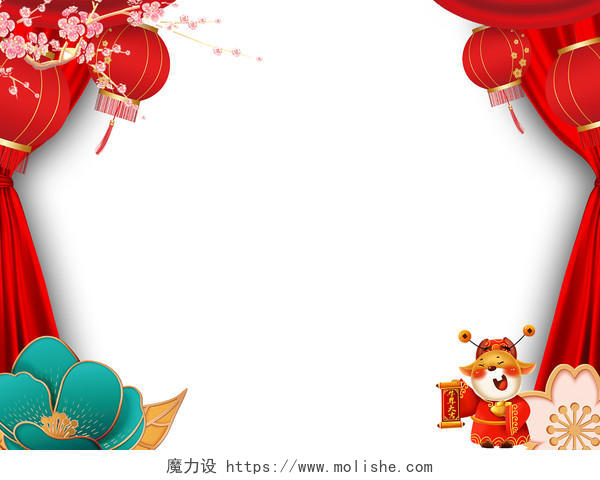 红色喜庆古风中国风元旦新年春节牛年过年边框装饰PNG素材